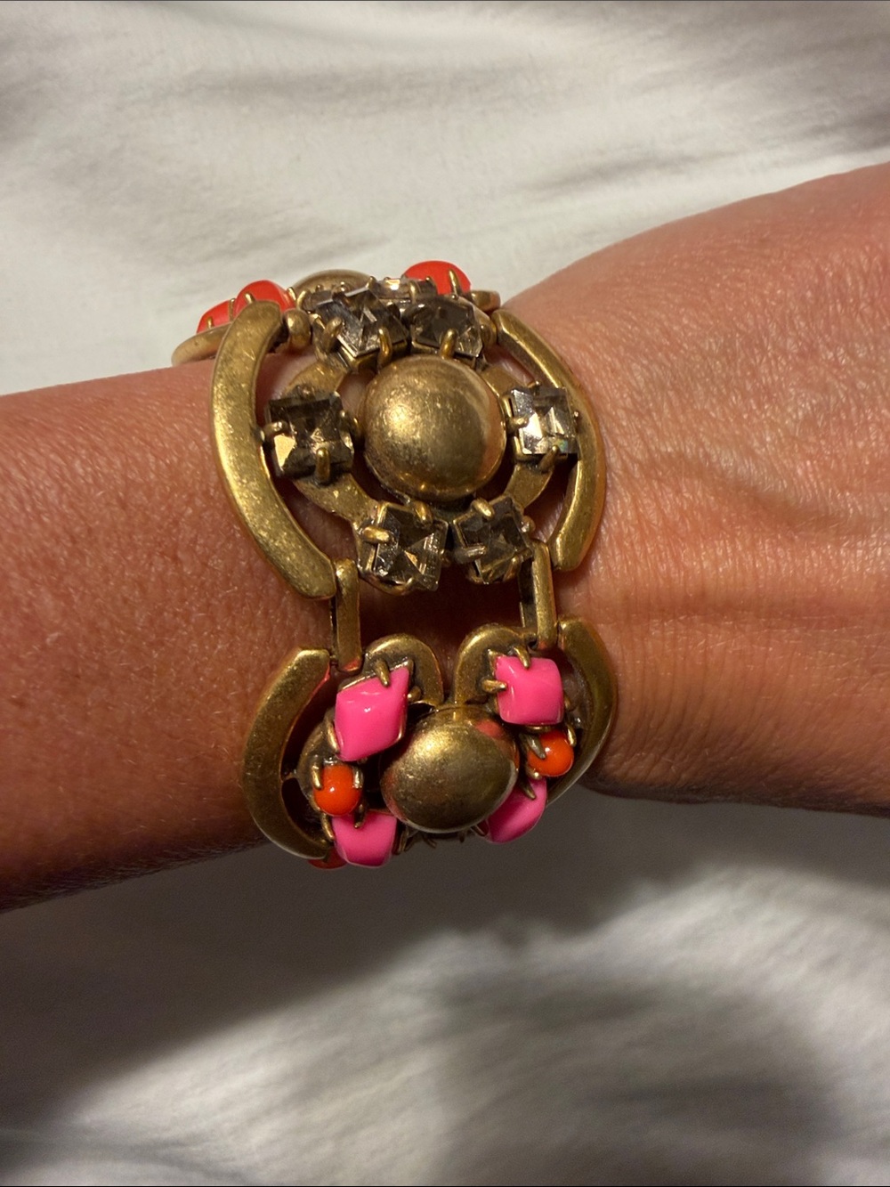 Vintage-Inspired Gold Tone Bracelet with Pink & Orange Accents